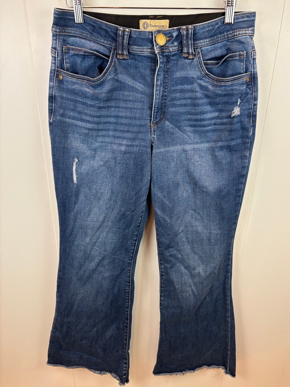 Democracy Wide Leg Flare Jeans sz 12 Raw Hem Medium Wash Distressed High Rise
